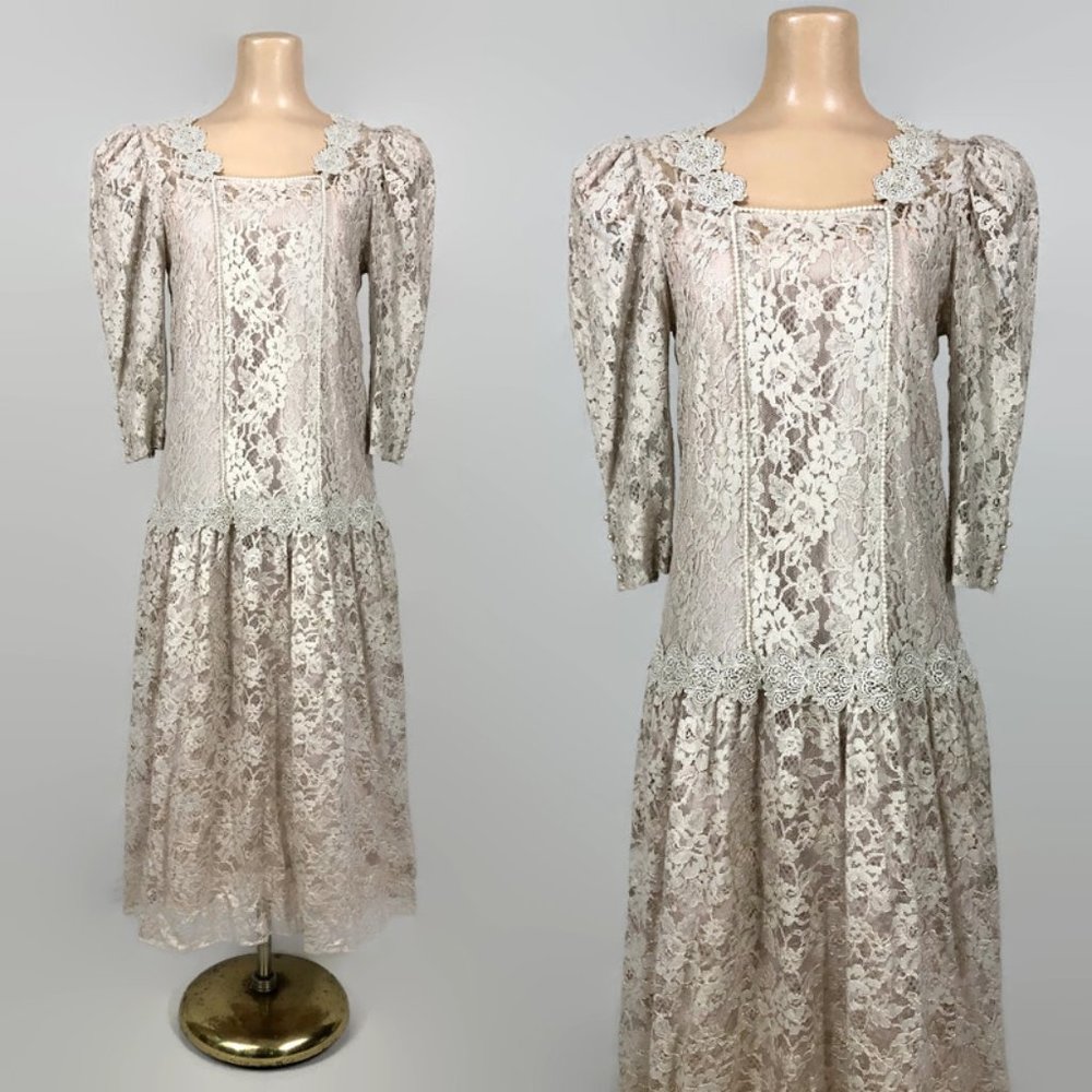 VINTAGE 80s does 20s Sheer Mocha Lace Romantic Drop Waist Dress by Cachet 8/10